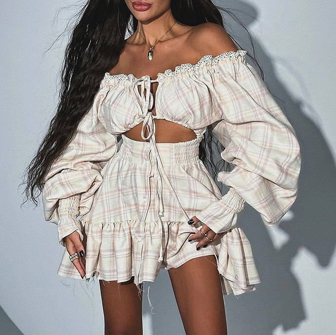 Women's Sweet Printed One Shoulder Hollow Lace Lantern Sleeve Dress