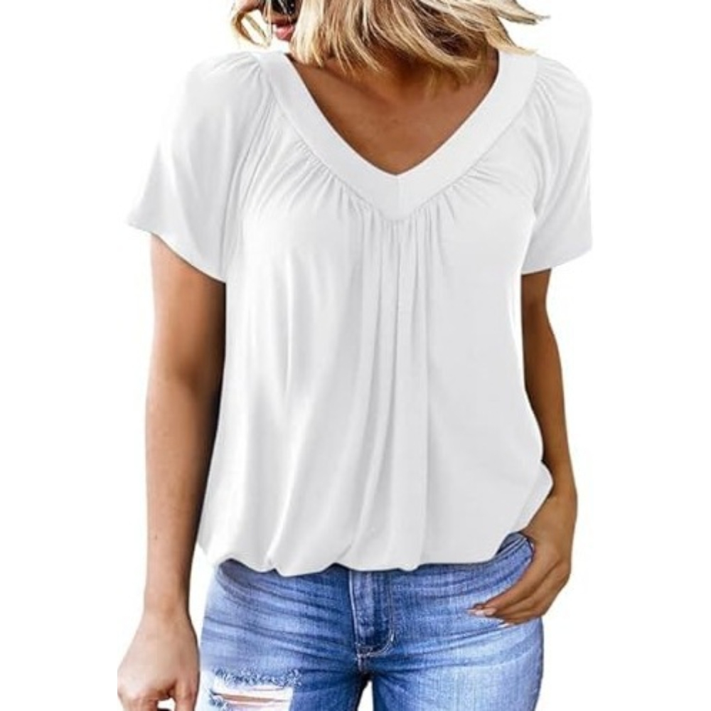 Polyester - Women's Summer Tops V Neck Shorts Sleeve Tee Solid Color Soft Casual Loose Fit Ruched T-Shirt Breathable Lightweight Daily Vacation Trendy Essential Tops