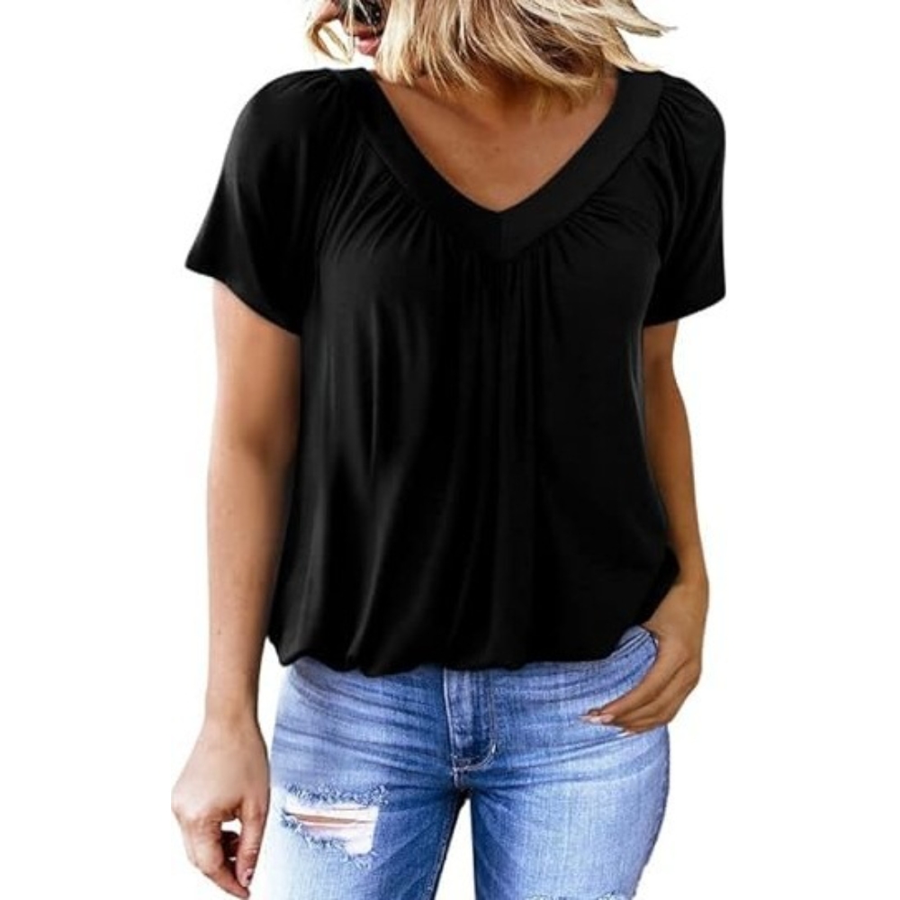 Polyester - Women's Summer Tops V Neck Shorts Sleeve Tee Solid Color Soft Casual Loose Fit Ruched T-Shirt Breathable Lightweight Daily Vacation Trendy Essential Tops