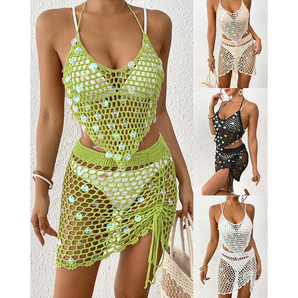妇女拉绳泳衣覆盖，钩针泳衣覆盖上镂空游泳海滩覆盖夏季海滩