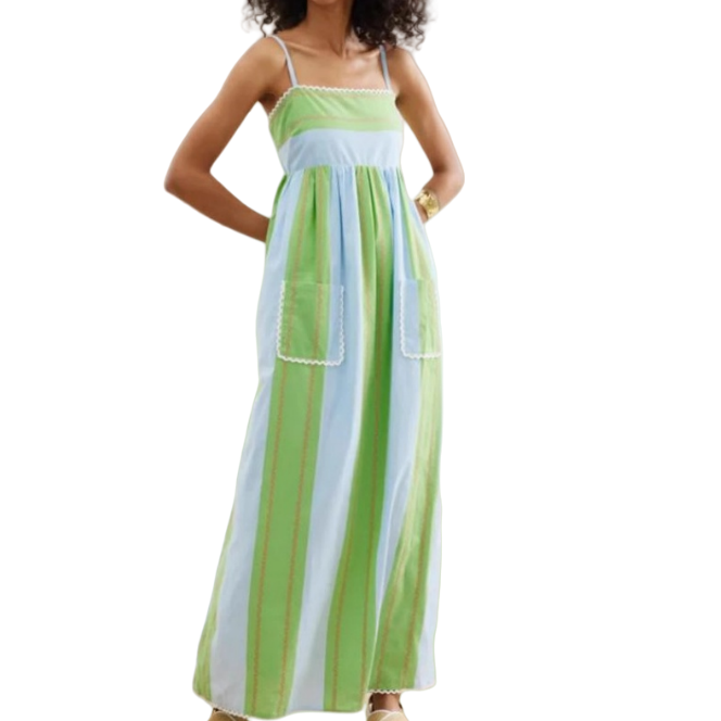 2025 Women's Summer Off-Shoulder Dress – Flowy Striped Print Maxi Dress with Ruffle Hem, Elegant Bohemian Long Sleeveless Dress