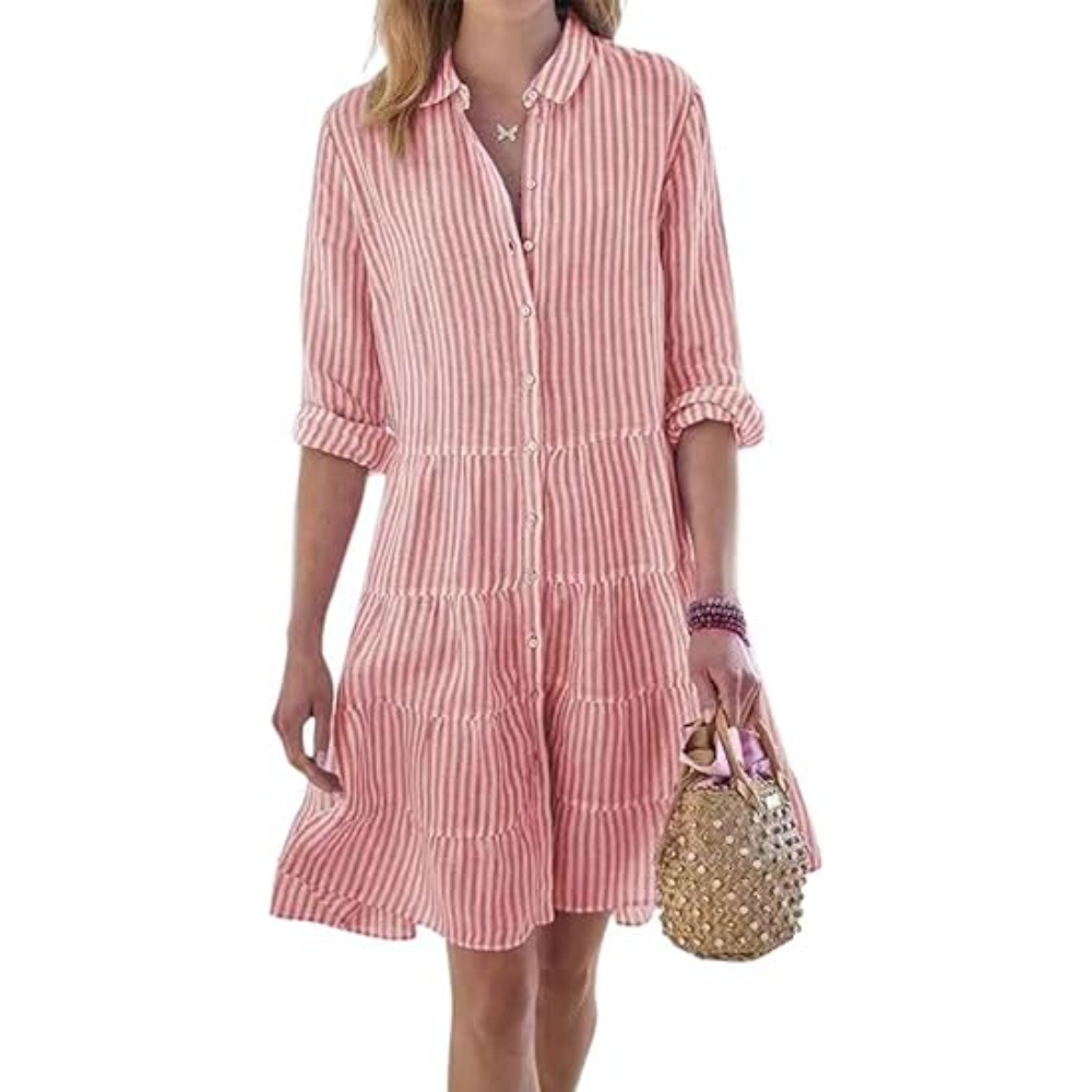 亚马逊独立站跨境欧美女装2022秋季长袖女式条纹衬衫款连衣裙