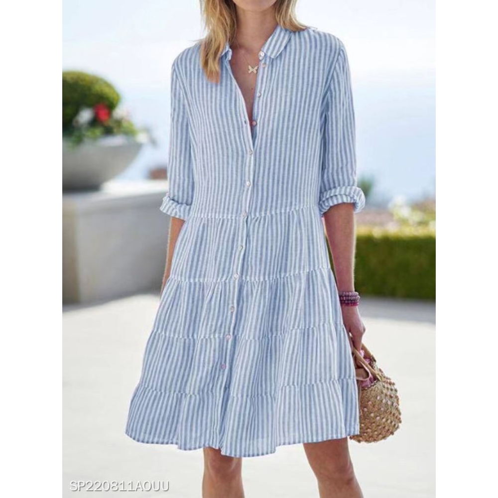 Women's Summer Roll Up Sleeve Button Down Striped Shirt Dress Loose Fit Slim High Waist A Line Swing Mid Long Dresses Casual Daily Commuter Beach Resort Dress