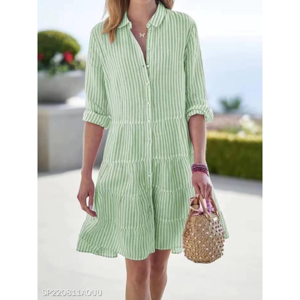 Women's Summer Roll Up Sleeve Button Down Striped Shirt Dress Loose Fit Slim High Waist A Line Swing Mid Long Dresses Casual Daily Commuter Beach Resort Dress