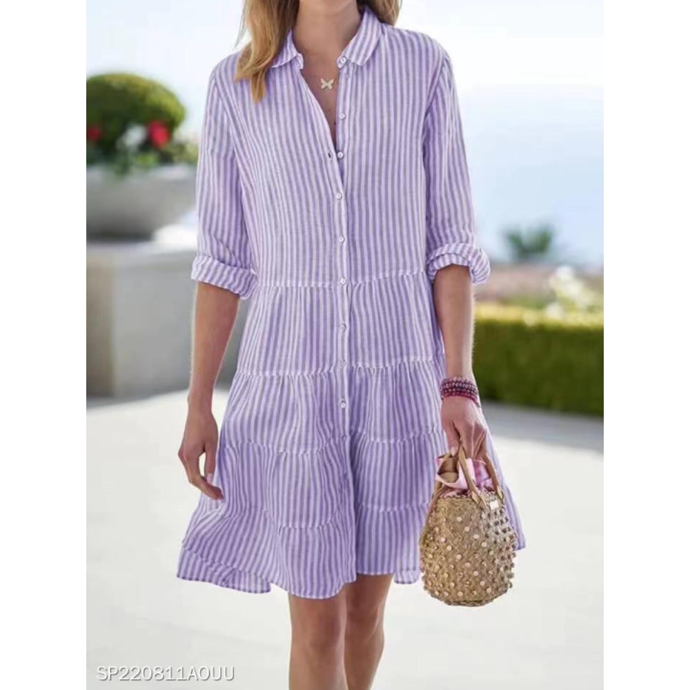 Women's Summer Roll Up Sleeve Button Down Striped Shirt Dress Loose Fit Slim High Waist A Line Swing Mid Long Dresses Casual Daily Commuter Beach Resort Dress