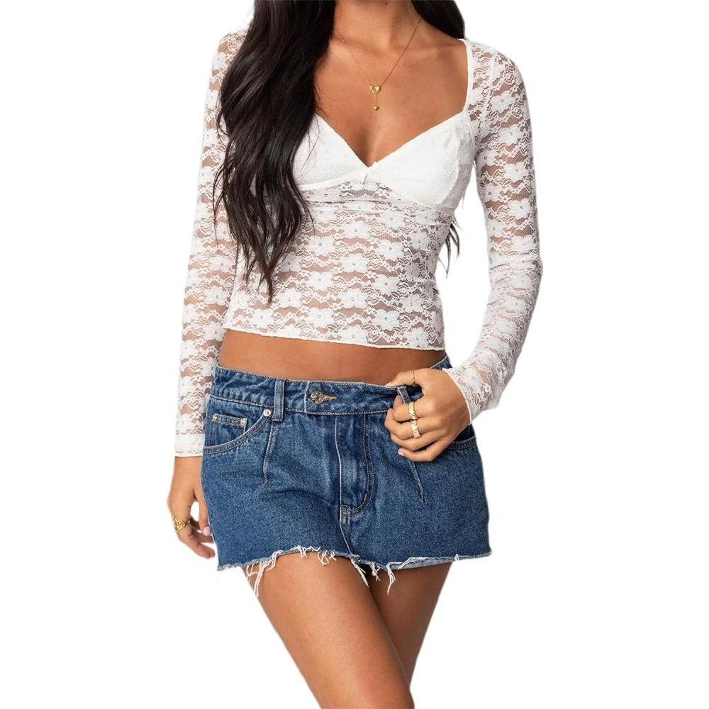 Women Sexy Style Blouse Tops Floral V Neck Long Sleeve Crop Shirts 