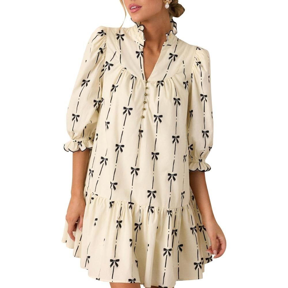 2025夏季新款荷叶边袖女蝴蝶结套头连衣裙