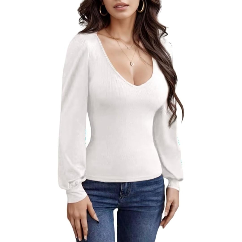Women's Bodycon Knit Blouses Low V Neck Puff Long Sleeve Stretch Slim Fit Ribbed Pullover Top Business Casual Solid Sexy Shirts Lightweight Versatile Fall Trendy Essential