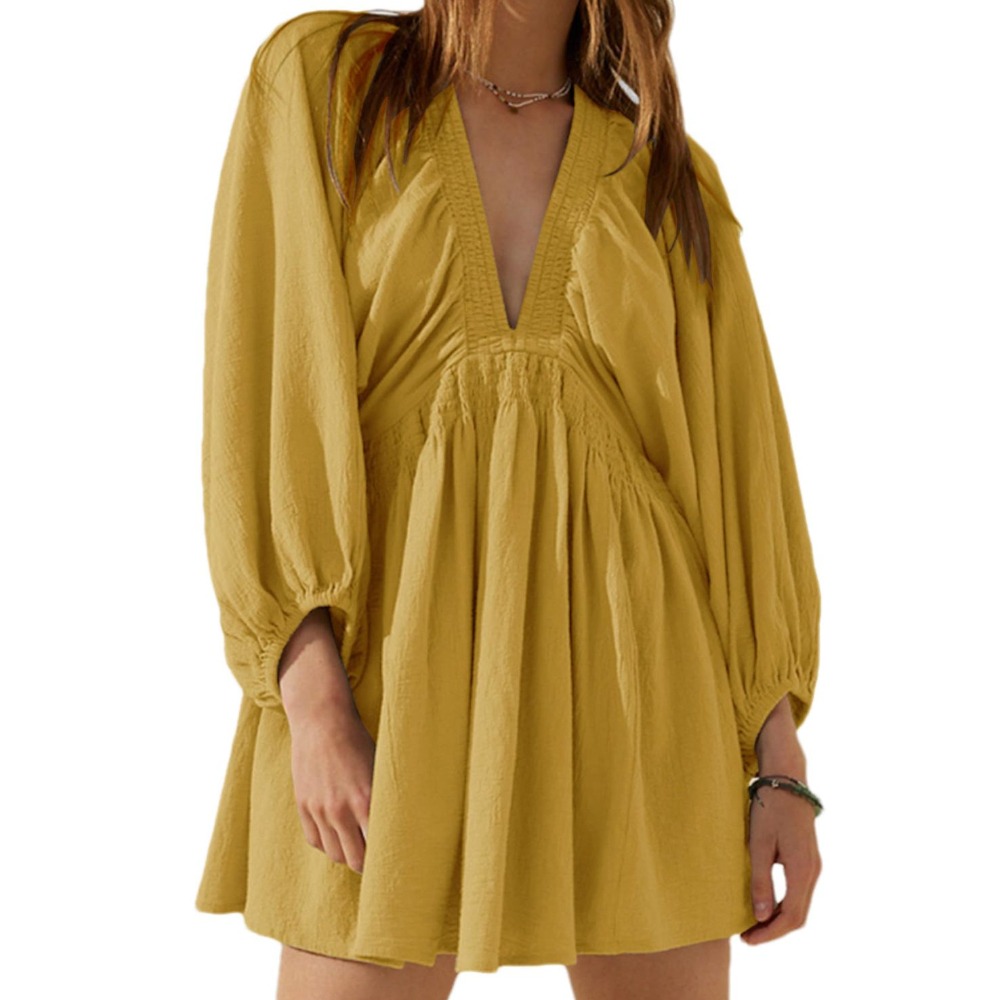 女装A字沙滩短裙V领长袖百褶连衣裙