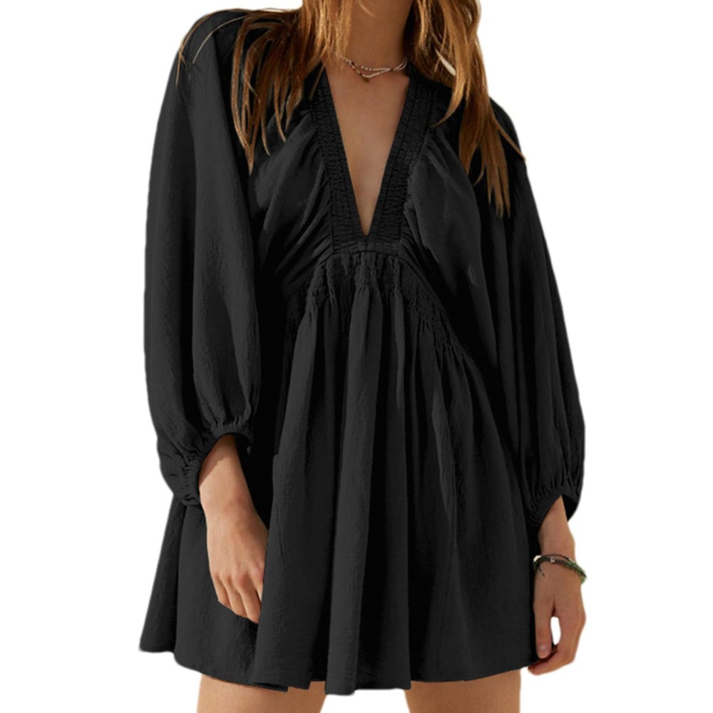 女装A字沙滩短裙V领长袖百褶连衣裙