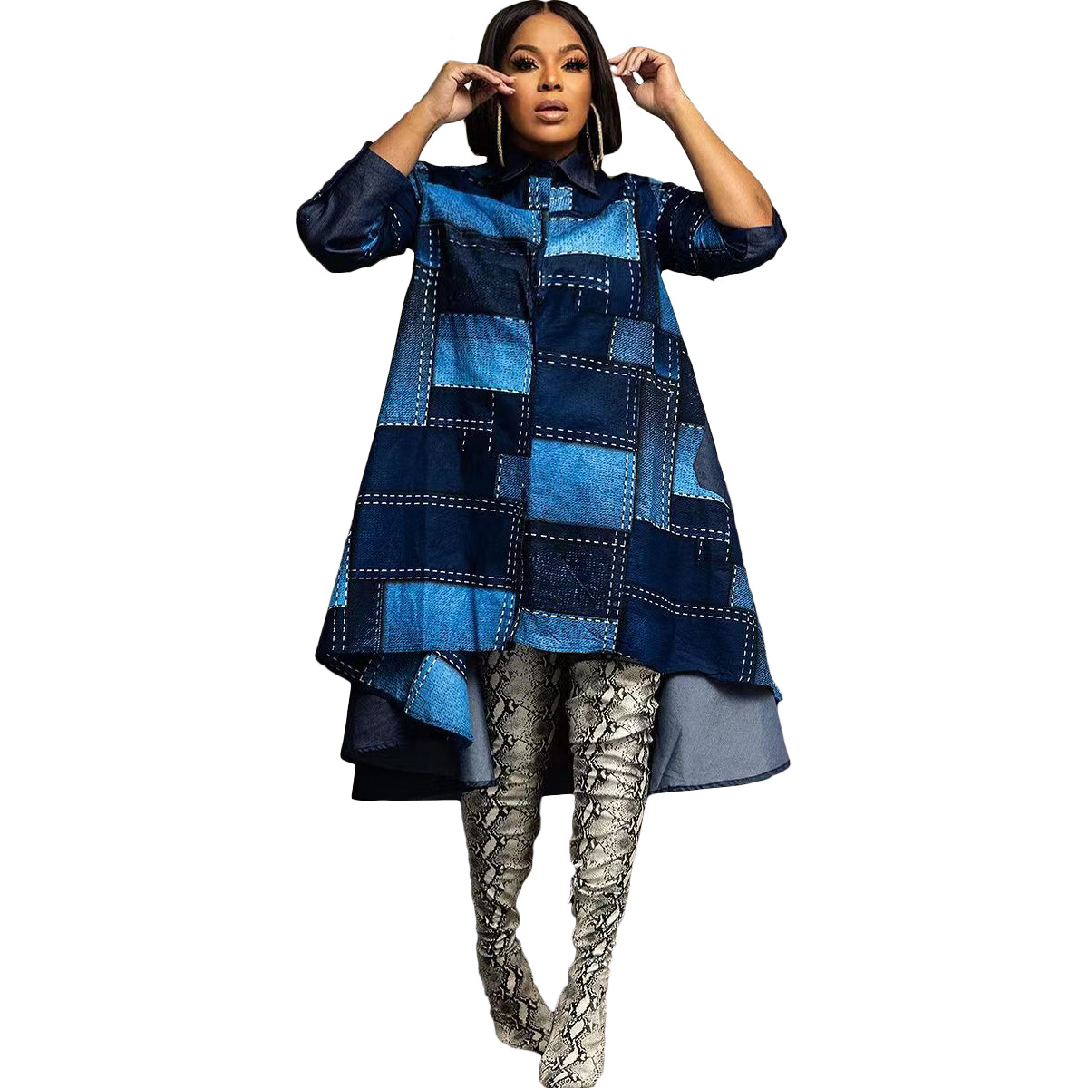 深蓝浅蓝拼接格子女装拼接宽松仿牛仔两件套独立分开两穿款