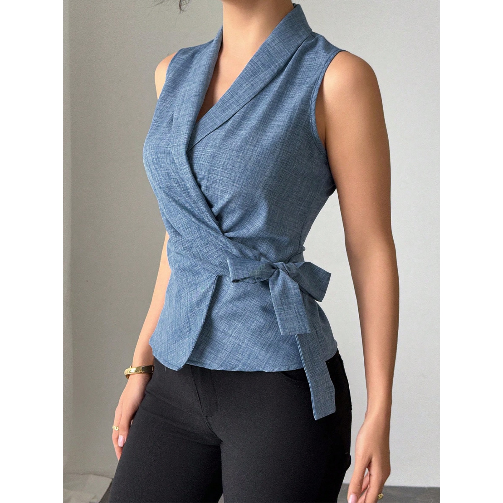 无袖衬衫夏季气质修身绑带衬衣开衫女装