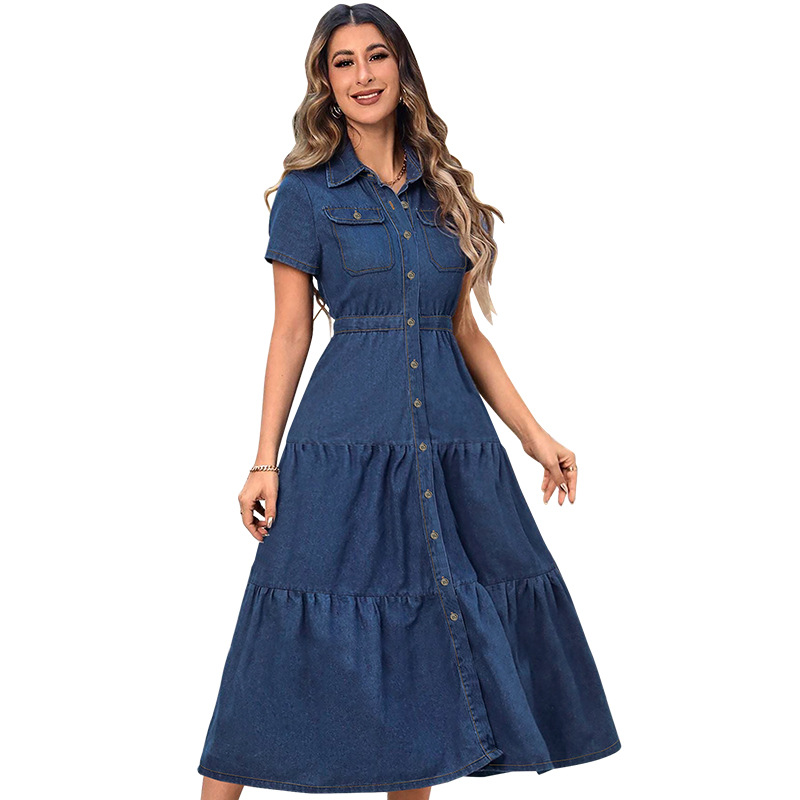 New Women's Denim Lapel Dress Short-Sleeve Belted Cardigan Maxi Dress Waist-Cinched Longline Dress Denim Collared Dress