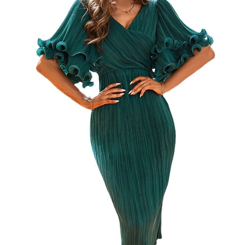 New Women's Green Midi Dress Crisscross Design Flared Sleeve Dress Party Fashion Elegant Crisscross Dress
