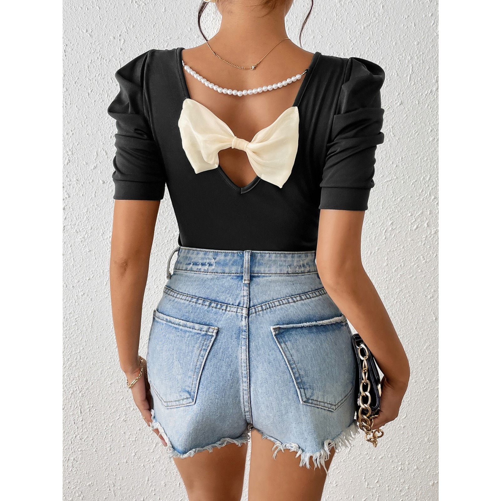 女装百搭泡泡短袖T恤蝴蝶结上衣套头衫