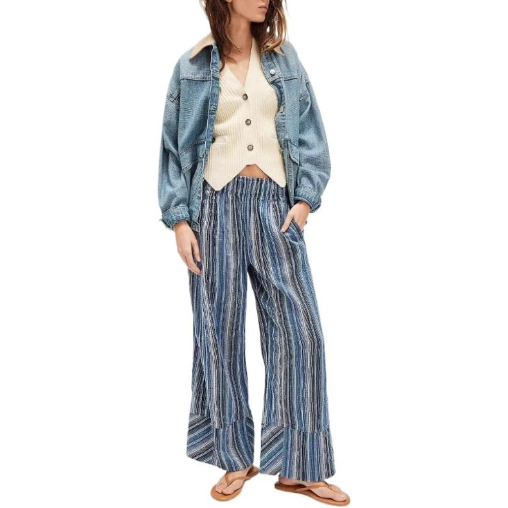 Women's Summer Elastic High Waisted Wide Leg Pants Striped Palazzo Pants Flowy Y2K Casual Loose Fit Slim Versatile Pants Beach Travel Vacation Trendy Outfits     ﻿ 