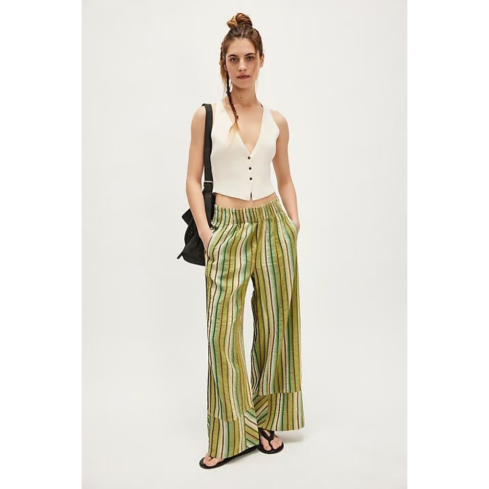 Women's Summer Elastic High Waisted Wide Leg Pants Striped Palazzo Pants Flowy Y2K Casual Loose Fit Slim Versatile Pants Beach Travel Vacation Trendy Outfits     ﻿ 