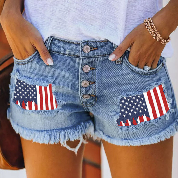 排扣印花贴布牛仔短裤女跨境外贸破洞流苏热裤