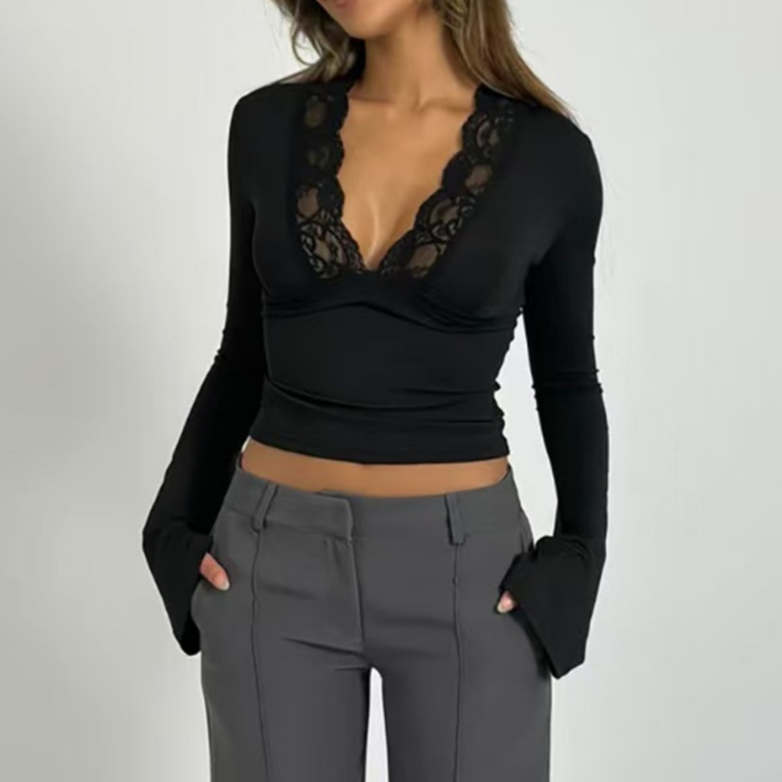 Women's V-Neck Lace Trim Bodysuit - Figure-Hugging Long Sleeve Top with Flared Cuff Detail for Evening Elegance