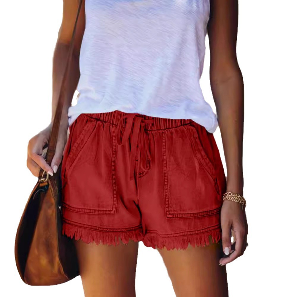 Women's Elastic Waist High-Waist Denim Shorts Slimming Tassel Shorts High-Waist Tassel Denim Fashion