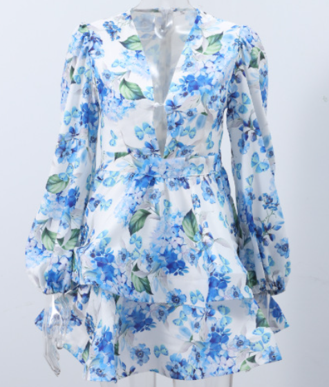 女性印花深v领闪光袖迷你连衣裙修身拉链a线褶边下摆度假派对