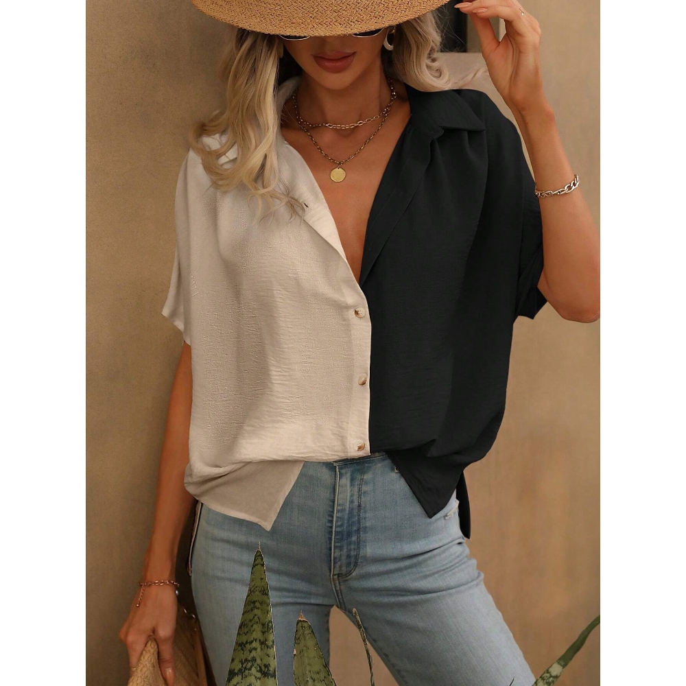 Women's Summer Color Block Short Sleeve Top V Neck Button Down Dressy Blouse Y2K Casual Loose Fit Lightweight Shirt Beach Vacation Hawaiian Cute T Shirts        