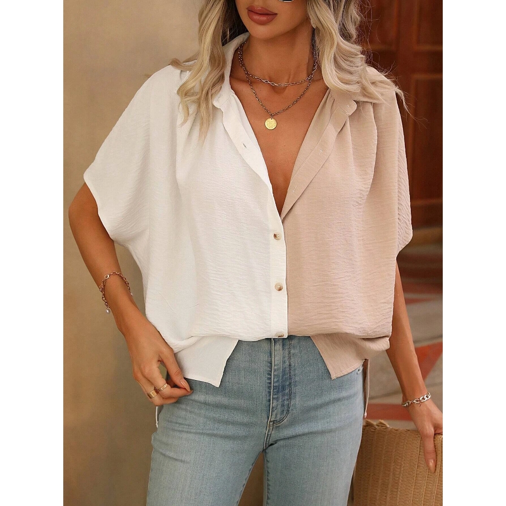 Women's Summer Color Block Short Sleeve Top V Neck Button Down Dressy Blouse Y2K Casual Loose Fit Lightweight Shirt Beach Vacation Hawaiian Cute T Shirts        