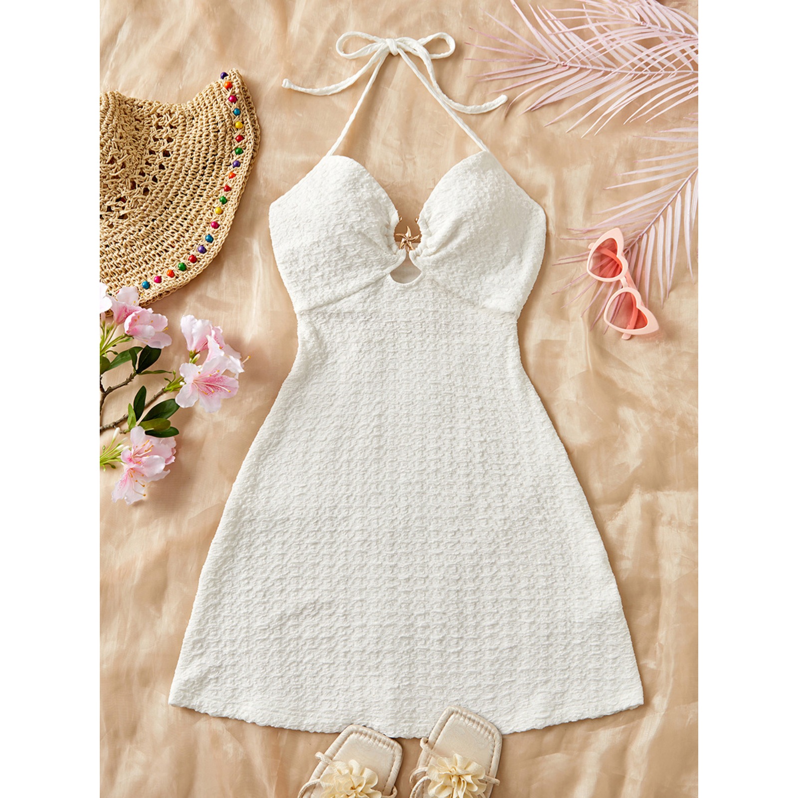 Women's White Halter Neck Midi Dress Summer Vacation A-Line Waist Tie Beach Dress with Metal Decor Polyester Knit Resort Sundress