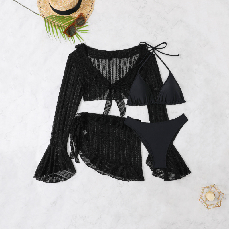 妇女的4件比基尼套装-厚脸皮吊带三角形泳衣套装-透明结泳衣覆盖