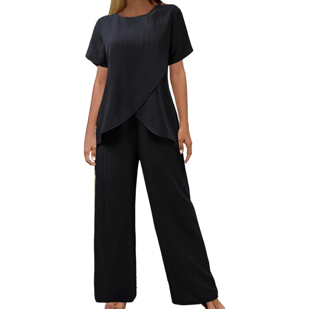 Women's Summer 2 Piece Lounge Sets Crew Neck Short Sleeve Asymmetric Hem Top Wide Leg Pants Casual Matching Outfits Loose Fit Soft Cozy Lightweight Sets