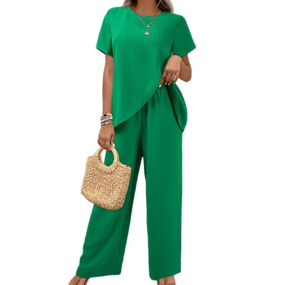 Women's Summer 2 Piece Lounge Sets Crew Neck Short Sleeve Asymmetric Hem Top Wide Leg Pants Casual Matching Outfits Loose Fit Soft Cozy Lightweight Sets