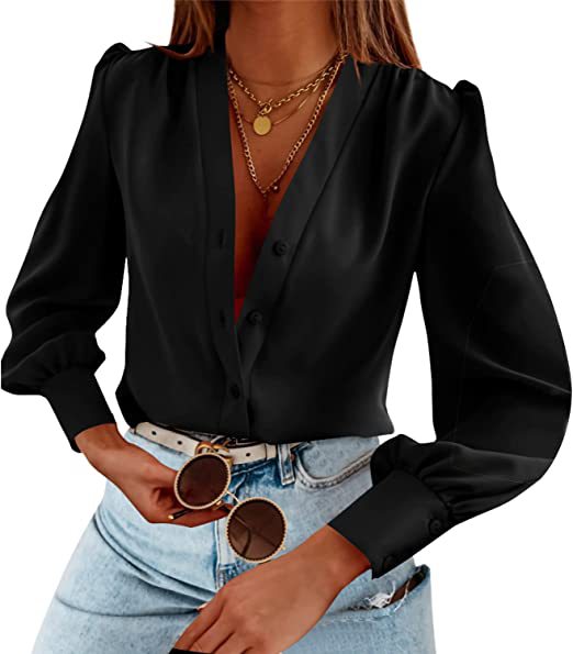 Women's Solid Color Long-Sleeve Minimalist Blouse Elegant & Versatile Shirt 