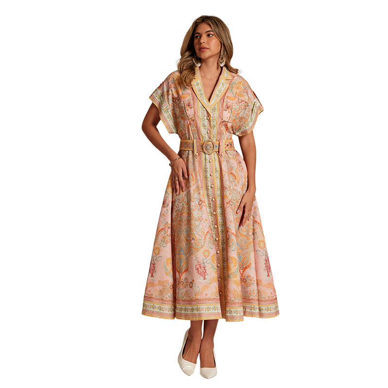 French Vacation Style Printed Blazer Collar Long Shirt Dress for Women