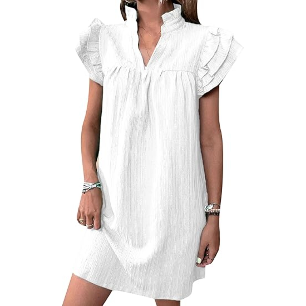 亚马逊欧美女装2025夏季新款时尚百搭多层荷叶袖V领套头连衣裙