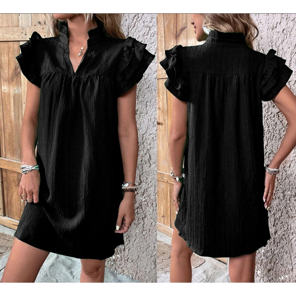 Women's Summer V Neck Tiered Ruffle Short Sleeve Basic Mini Dresses Collared Casual Loose Fit Dress Solid Color Beach Vacation Party Babydoll Sundress 