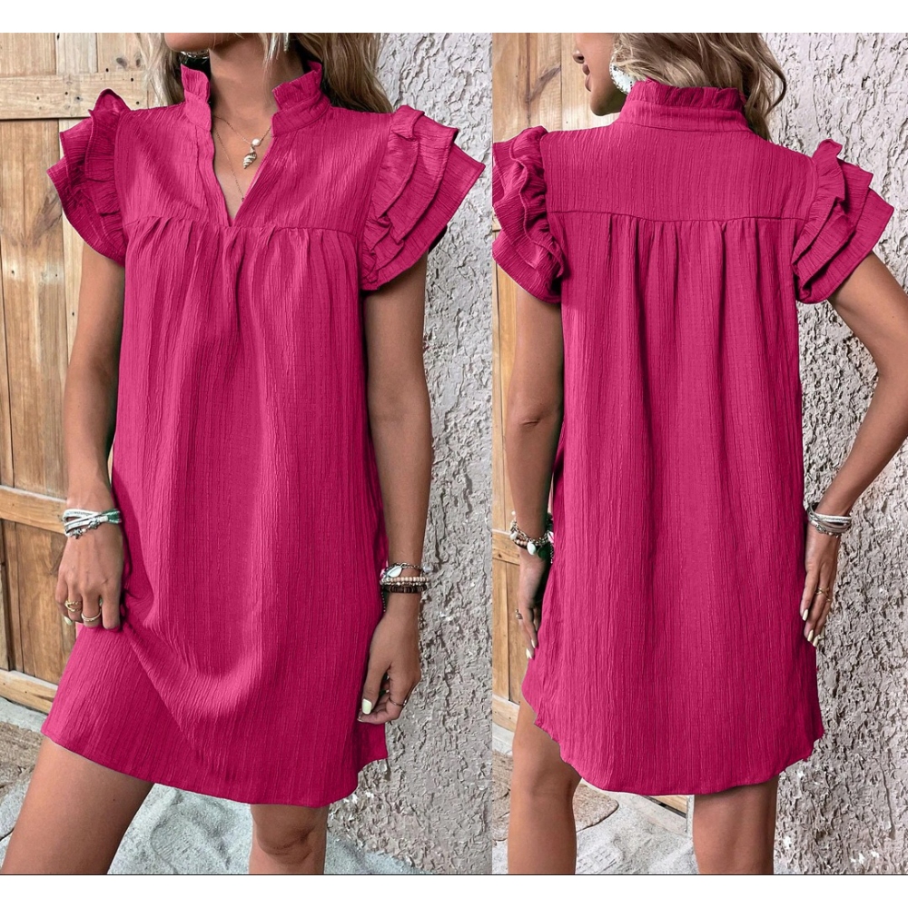 Women's Summer V Neck Tiered Ruffle Short Sleeve Basic Mini Dresses Collared Casual Loose Fit Dress Solid Color Beach Vacation Party Babydoll Sundress 