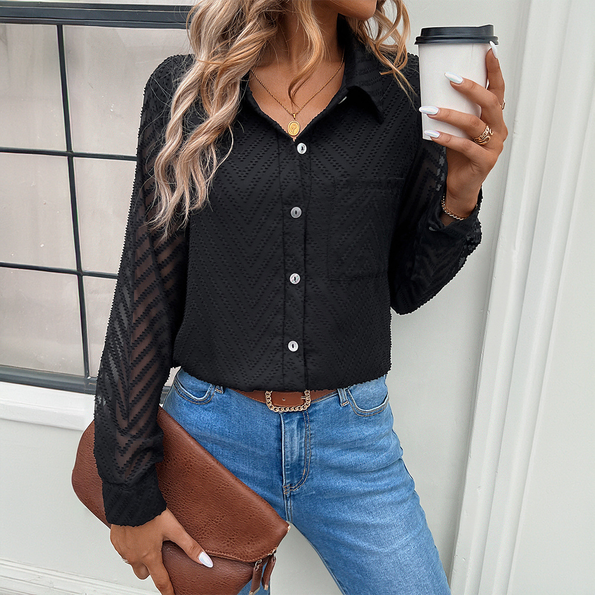 纯色衬衫女装气质通勤提花长袖衬衣