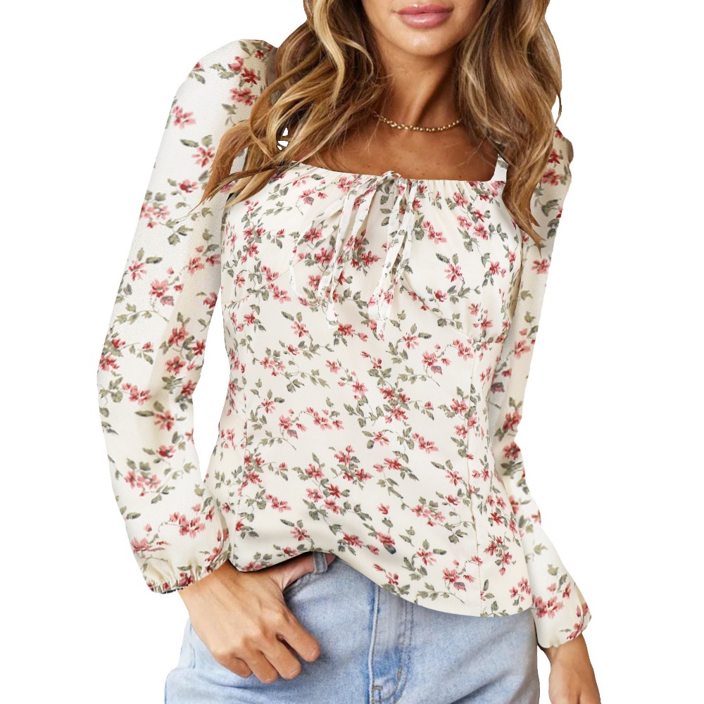 碎花上衣女装碎花方领长袖小衫