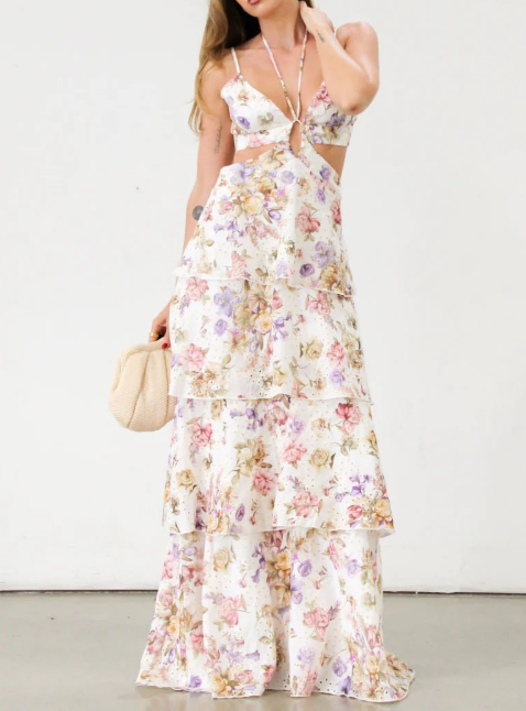 Womens Floral Spaghetti Strap Backless Layered Ruffle Flowy Maxi Dresses, Sleeveless V Neck Cutout Flower Printed Dress