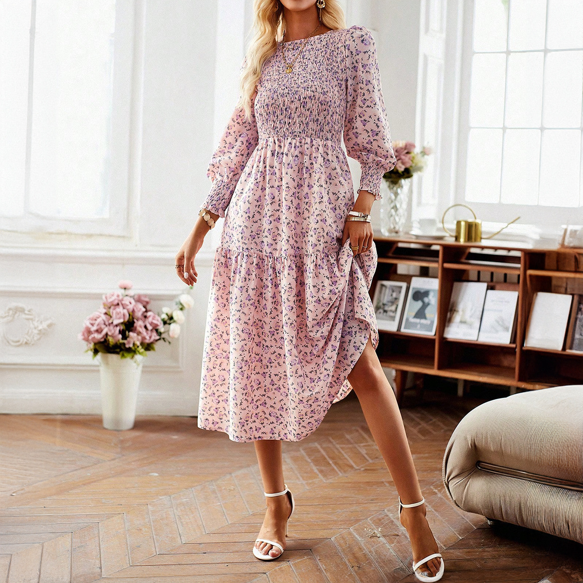 气质长裙收腰印花连衣裙休闲度假碎花连衣裙女