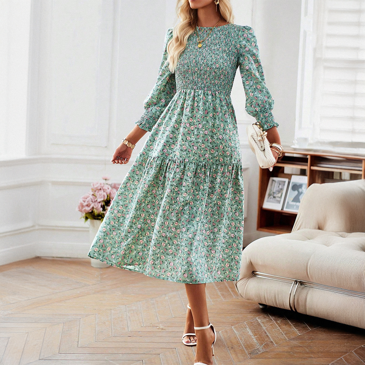 Women's Stylish Waist-Contracted Floral Print Maxi Dress Perfect for Relaxing Vacations and Everyday Chic