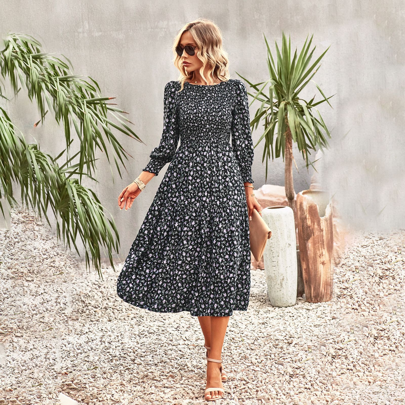 Women's Stylish Waist-Contracted Floral Print Maxi Dress Perfect for Relaxing Vacations and Everyday Chic