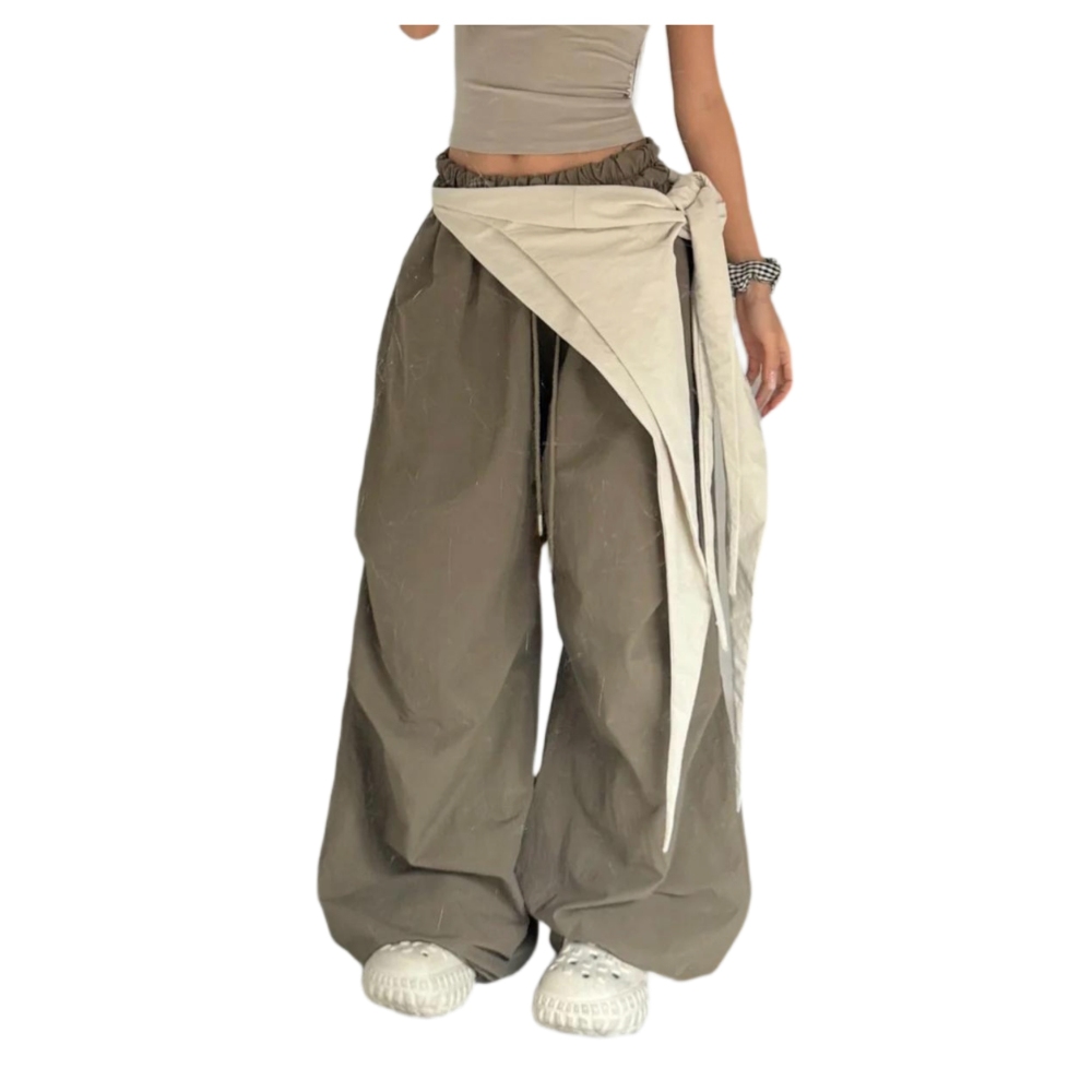 Women's Casual Baggy Cargo Pants with Color Blocked Waist Tie Pleated Elastic High Waist Wide Leg Trousers Trendy Loose Fit Y2K Retro Hip Hop Streetwear  