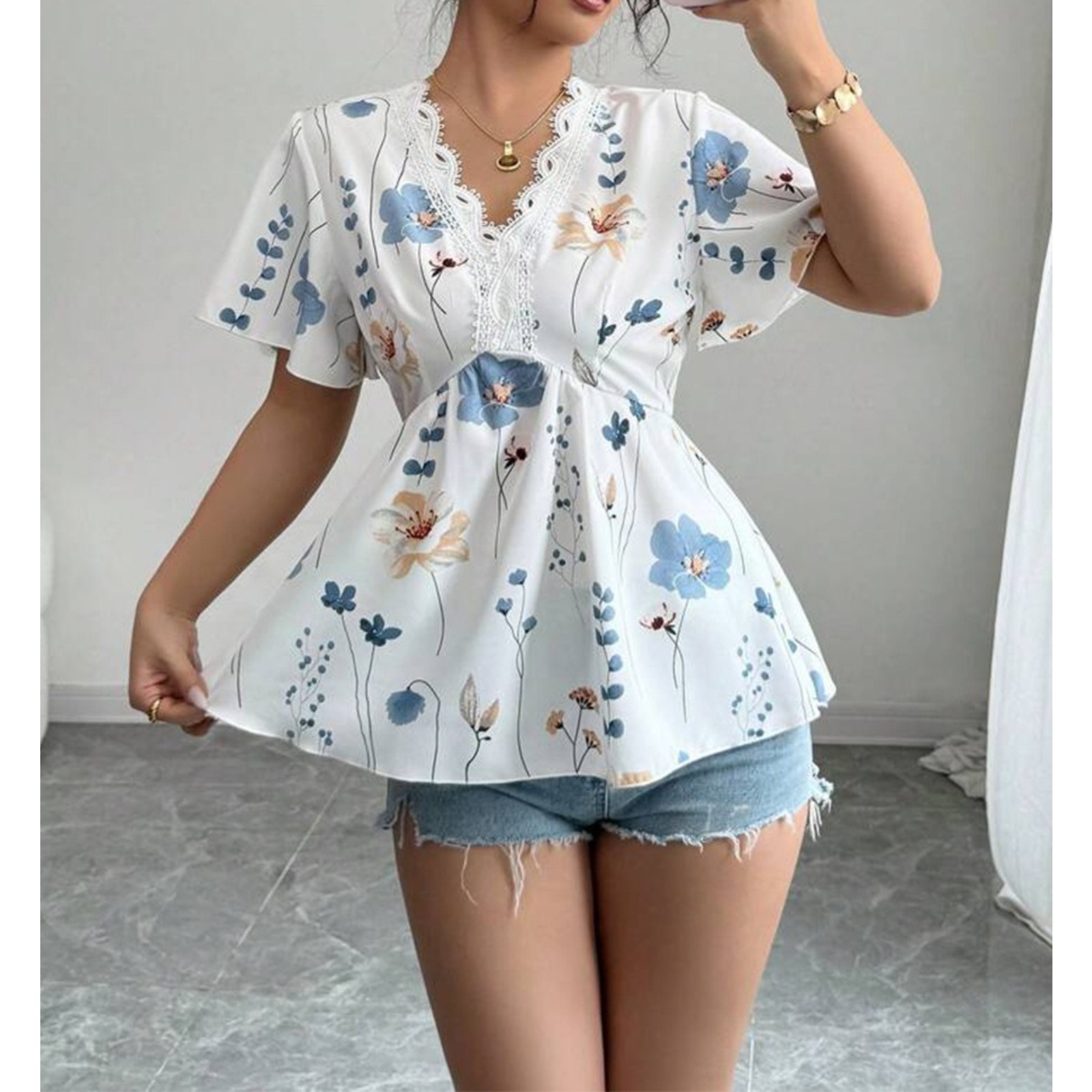 Women's V-Neck Lace Trim Blouse Ruffled Short Sleeves Smocked Back A-Line Hem Botanical Print Summer Resort Top Polyester White Shirt