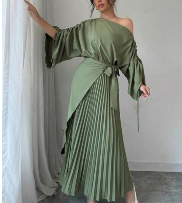 女士单肩长袖包腰褶裥及地长裙宽松褶边层裙正式派对舞会礼服