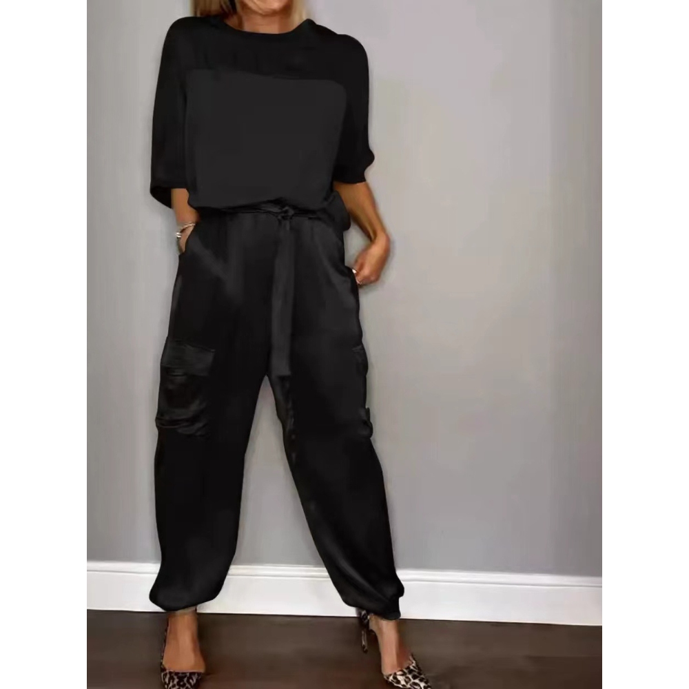 2025亚马逊速卖通欧美跨境时尚女士光滑缎面半袖上衣裤套装两件套