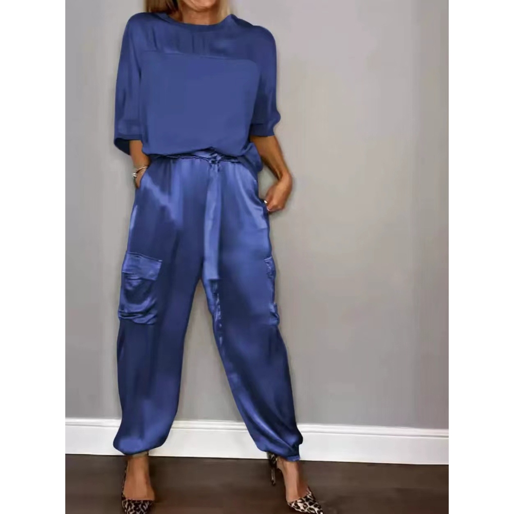 2025亚马逊速卖通欧美跨境时尚女士光滑缎面半袖上衣裤套装两件套