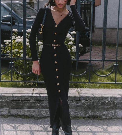 女式V领长袖拼接纽扣开叉针织连衣裙冬季针织优雅晚礼服连衣裙