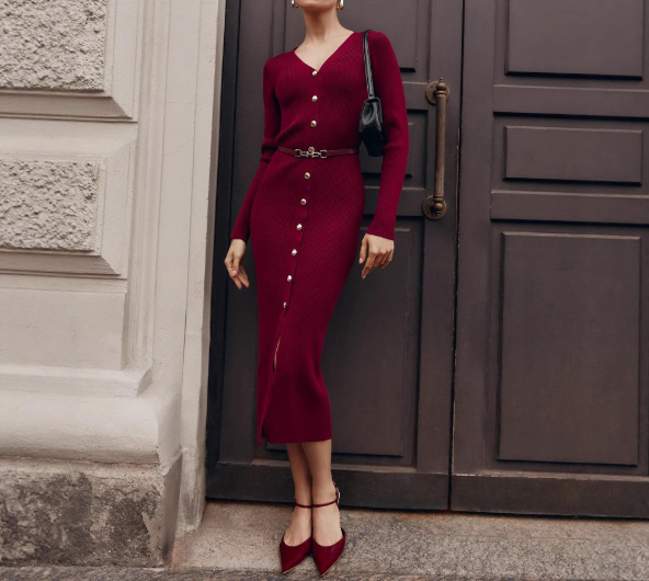 女式V领长袖拼接纽扣开叉针织连衣裙冬季针织优雅晚礼服连衣裙