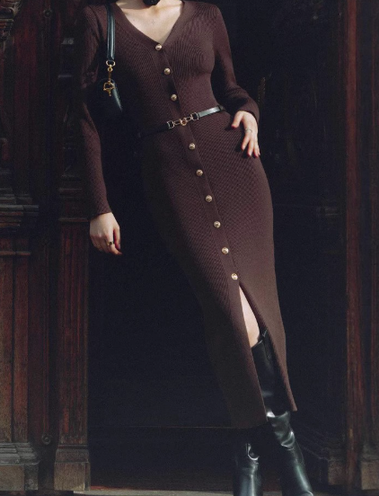 女式V领长袖拼接纽扣开叉针织连衣裙冬季针织优雅晚礼服连衣裙